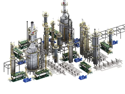Industrial Chemical Plant Equipment With Large Towers Pipes And Reactors 3d model
