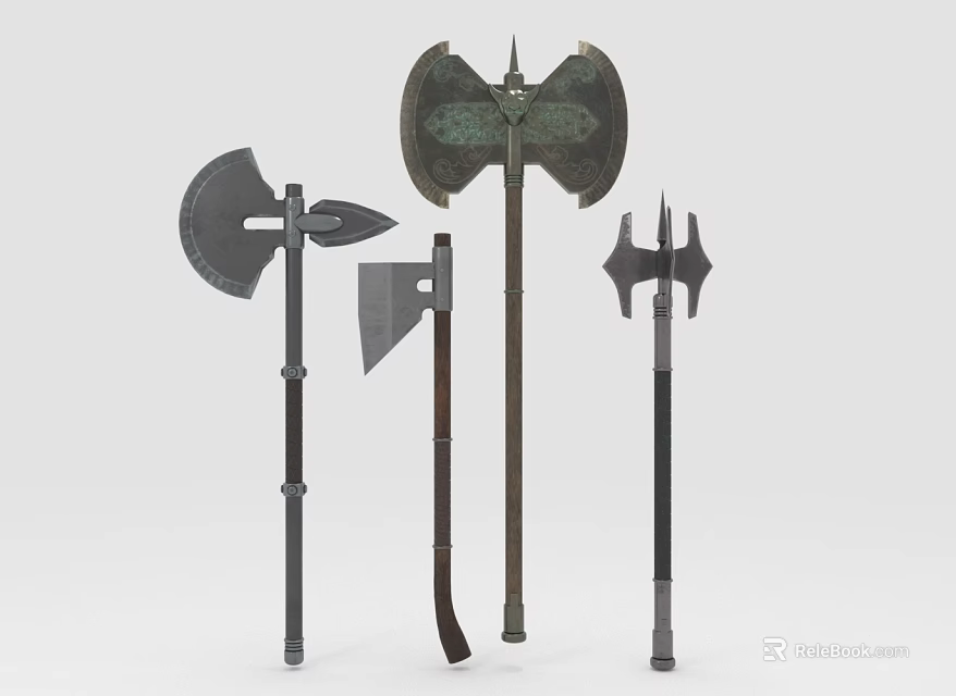 Various Medieval Battle Axes With Metal Blades And Wooden Handles Collection 3d model 