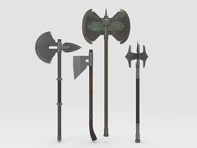Various Medieval Battle Axes With Metal Blades And Wooden Handles Collection 3d model
