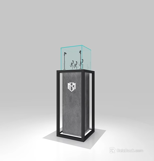 Modern Display Shelf with Black Frame Gray Base Transparent Glass Showcase and White Logo 3d model 