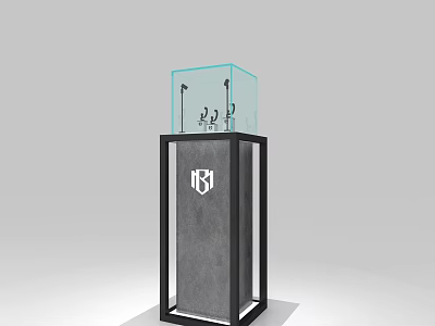 Modern Display Shelf with Black Frame Gray Base Transparent Glass Showcase and White Logo 3d model