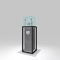 Modern Display Shelf with Black Frame Gray Base Transparent Glass Showcase and White Logo