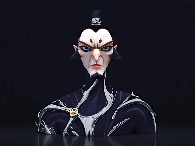 Game Movie Character With Topknot Hairstyle Serious Expression Dark Outfit White Patterns And Golden Button 3d model
