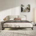 Modern Double Bed With Upholstered Headboard Cozy Quilt Pillows Wall Art Floor Lamp And Curtains