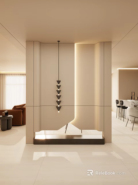 Modern Foyer Hallway Interior Design With Triangular Pendant Light And Warm Lighting 3d model