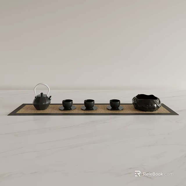 Black Tea Set With Teapot Three Cups And Bowl On Tray Over White Marble Countertop 3d model 