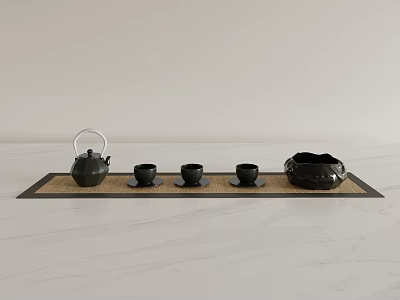 Black Tea Set With Teapot Three Cups And Bowl On Tray Over White Marble Countertop 3d model