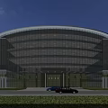 Modern Curved Office Building With Glass Curtain Walls And Lawn Front Entrance With Parked Cars