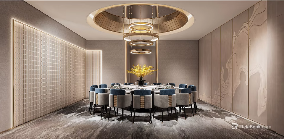 Elegant Chinese Private Dining Room With Round Table Chandelier And Decorative Flowers 3d model 