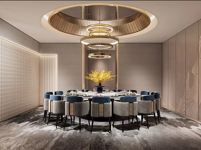 Elegant Chinese Private Dining Room With Round Table Chandelier And Decorative Flowers 3d model