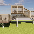 Modern Wooden Road Facility Walkway With Staircase Platform And People Walking On Grassland