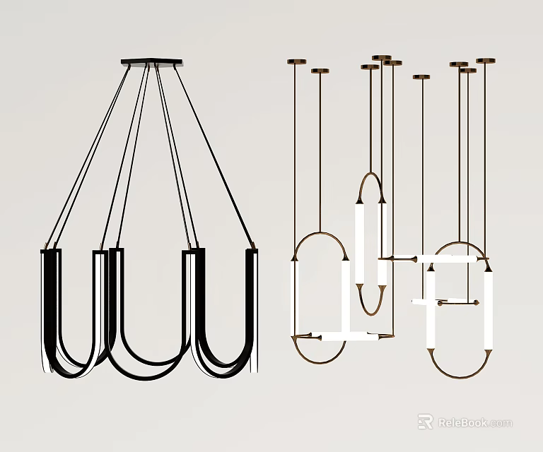 Modern Chandelier Design With Black Brown White Curved Linear Elements Hanging Structure 3d model