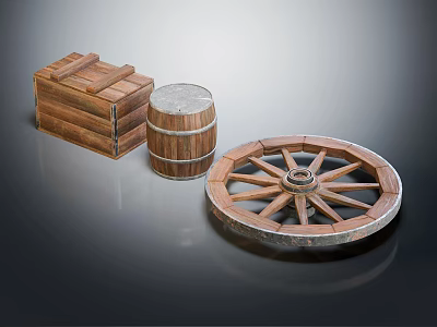 Vintage Wooden Wheel Display With Wooden Crate And Barrel On Gray Surface 3d model
