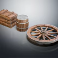 Vintage Wooden Wheel Display With Wooden Crate And Barrel On Gray Surface