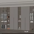 Modern Minimalist Wardrobe Interior With Glass Doors Wooden Shelves And Hanging Folded Clothes