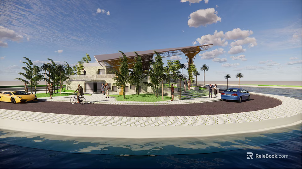 Modern Detached Villa With Unique Roof Palm Trees Green Lawn Front Road And Blue Car 3d model 