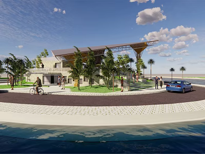 Modern Detached Villa With Unique Roof Palm Trees Green Lawn Front Road And Blue Car 3d model