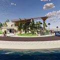 Modern Detached Villa With Unique Roof Palm Trees Green Lawn Front Road And Blue Car