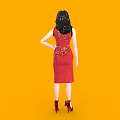 Woman In Red Floral Qipao Red High Heels Shown From Different Angles On Orange Background