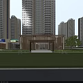 Modern Sales Office Building Exterior With Glass Curtain Walls Wooden Entrance And High Rise Buildings