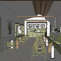 Modern Cafe Interior With Wooden Ceiling Green Cabinets Tables Chairs And Plants