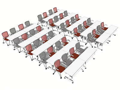White Conference Tables With Red And Gray Chairs Neatly Arranged In Training Room 3d model