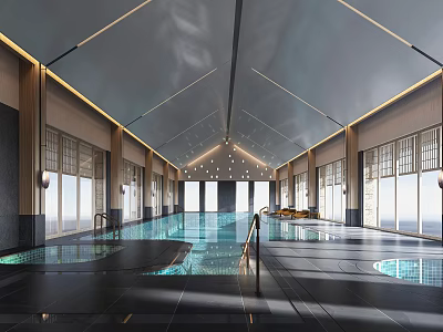 Modern Indoor Swimming Pool Design With Ceiling Lighting Natural Light And Glass Walls 3d model