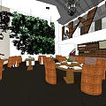 Restaurant Interior Design With Rattan Chairs Dining Tables Hanging Chandeliers And Green Plants