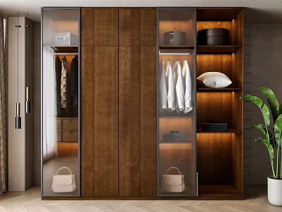 Modern Wooden Wardrobe With Glass Doors Hanging Clothes And Accessories On Shelves 3d model