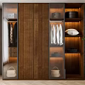 Modern Wooden Wardrobe With Glass Doors Hanging Clothes And Accessories On Shelves