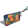 Fashionable Embroidered Clutch Bag With Orange White Flower Pattern Navy Blue Background And Green Wristlet