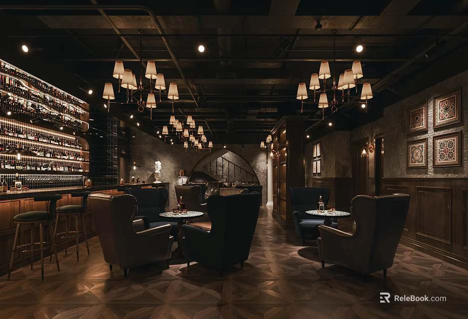 Stylish Bar Interior With Chandeliers Wine Racks Leather Armchairs And Wooden Flooring 3d model 