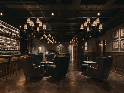 Stylish Bar Interior With Chandeliers Wine Racks Leather Armchairs And Wooden Flooring 3d model