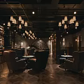 Stylish Bar Interior With Chandeliers Wine Racks Leather Armchairs And Wooden Flooring