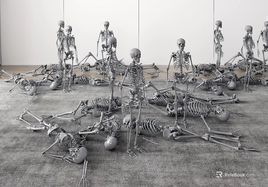 Human Skeleton Limbs Display With Standing And Lying Bone Structures Scattered In Room 3d model 