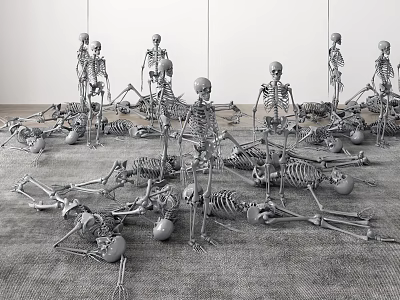 Human Skeleton Limbs Display With Standing And Lying Bone Structures Scattered In Room 3d model