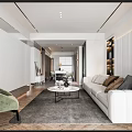Modern Living Dining Room Interior With Circular Wall Clock Double Doors Marble Countertop And Bookshelf