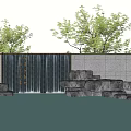 Serene Outdoor Feature Wall With Waterfall Stone Formations And Tree Reflections 3d model