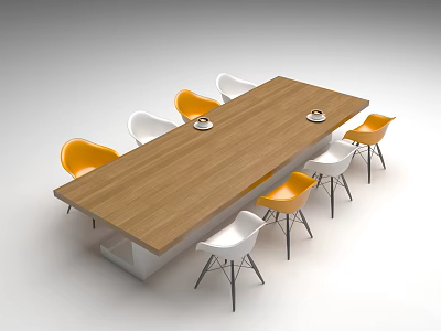 Modern Wooden Rectangular Table and Orange White Dining Chairs Set with Tabletop Decorations 3d model