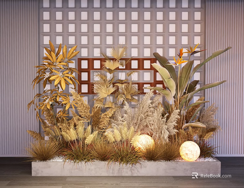 Floral Art Display With Golden Foliage Grid Backdrop And Round Lanterns On Concrete Base 3d model 