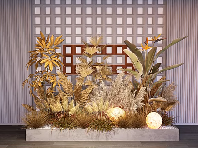 Floral Art Display With Golden Foliage Grid Backdrop And Round Lanterns On Concrete Base 3d model