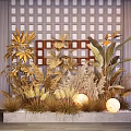 Floral Art Display With Golden Foliage Grid Backdrop And Round Lanterns On Concrete Base