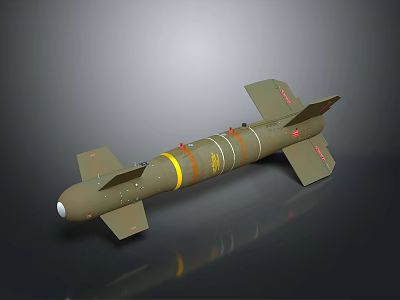 Military Missile With Green Body Yellow Bands Red Markings And Stabilizing Fins 3d model