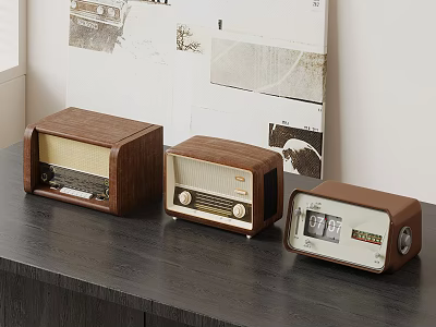 Vintage Wooden Radios Arranged In Three Sizes On Black Table With Retro Wall Decor 3d model