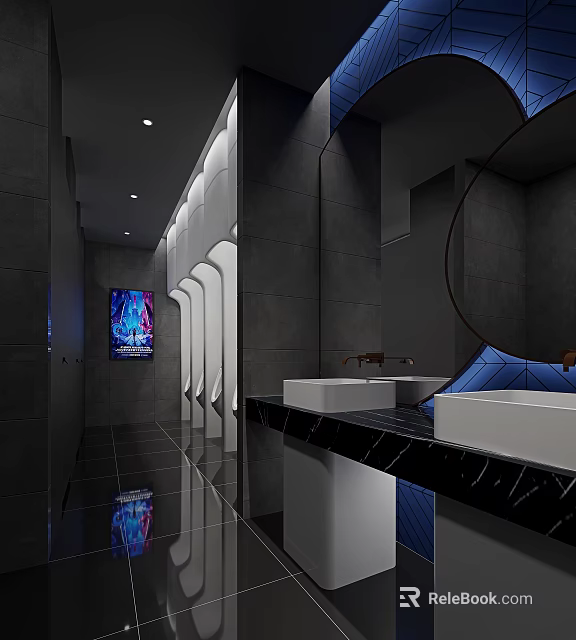 Modern Public Restroom With Dark Marble Counter Double Sinks Round Mirror Blue Accents Illuminated Screen 3d model 
