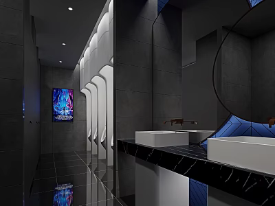Modern Public Restroom With Dark Marble Counter Double Sinks Round Mirror Blue Accents Illuminated Screen 3d model