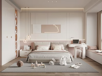 Kids Room Interior Design With Bed Desk Striped Rug And Stuffed Toys 3d model