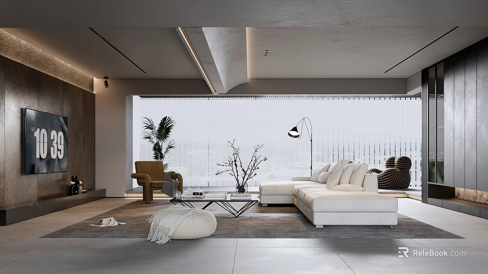 Modern Living Room Interior Design With White Sofa Coffee Table Floor Lamp And Green Plant 3d model 