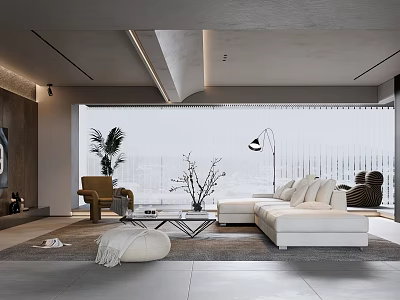 Modern Living Room Interior Design With White Sofa Coffee Table Floor Lamp And Green Plant 3d model