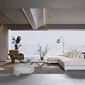 Modern Living Room Interior Design With White Sofa Coffee Table Floor Lamp And Green Plant